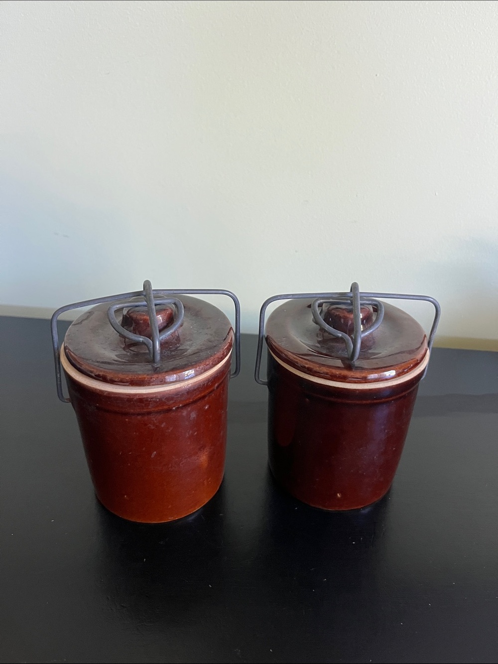 Vintage Stamped Brown Glazed Pottery Stoneware Cheese Crock with Clamp Lids